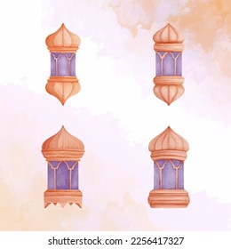 set bundle islamic lantern watercolor illustration