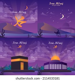 Set bundle isra and mi'raj concept. Isra and mi'raj arabic calligraphy - mean; Prophet Muhammad's Night Journey. Flat Style vector template suitable for Web Landing Page, Background.