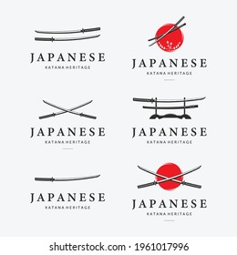 Set Bundle Of Katana Sword Logo Ninja Samurai Logo Icon Vintage Vector Illustration Design Japanese Heritage