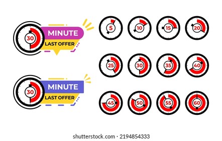 Set von Paket Last Minute bieten Banner Element mit Uhr Icon. Countdown Last Minute Angebot von 5 bis 60 Sekunden.