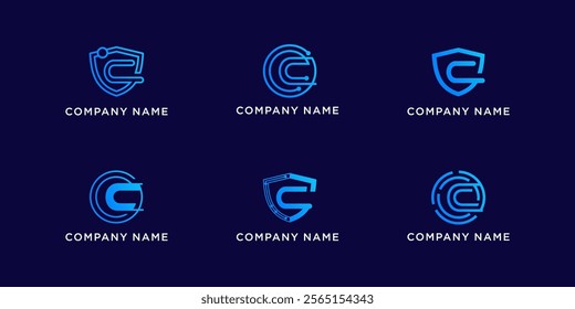Set bundle letters C with shield and circle tech logo design
