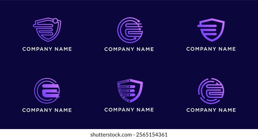 Set bundle letters E with shield and circle tech logo design