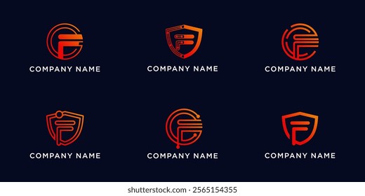Set bundle letters F with shield and circle tech logo design