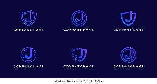 Set bundle letters J with shield and circle tech logo design