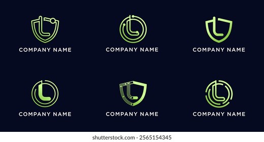 Set bundle letters L with shield and circle tech logo design