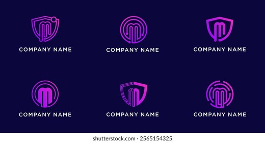 Set bundle letters M with shield and circle tech logo design