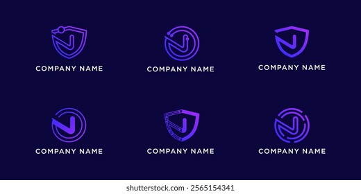 Set bundle letters N with shield and circle tech logo design