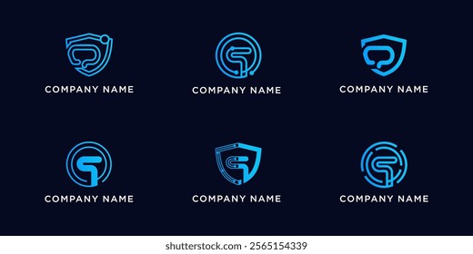 Set bundle letters Q with shield and circle tech logo design