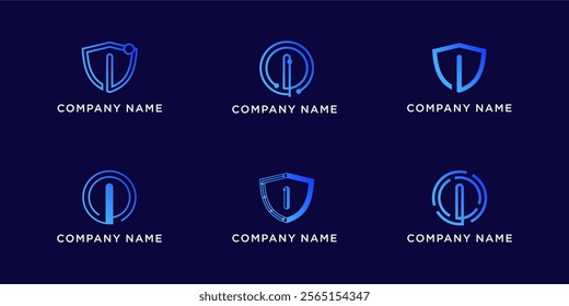 Set bundle letters I with shield and circle tech logo design