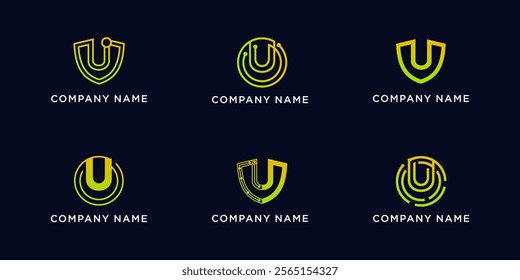 Set bundle letters U with shield and circle tech logo design