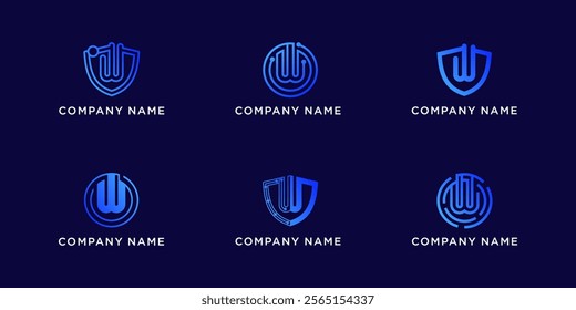 Set bundle letters W with shield and circle tech logo design