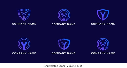 Set bundle letters Y with shield and circle tech logo design