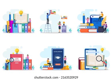 Set bundle library concept, online library for education, online reference concept, book, user manual, literature or elearning. Flat vector template 