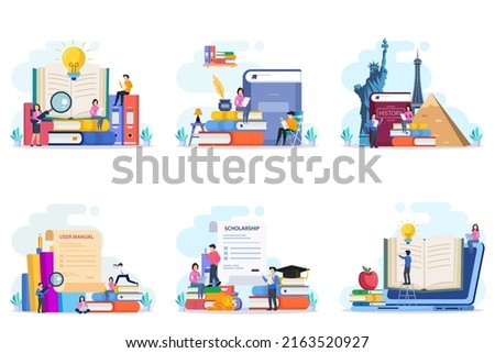 Set bundle library concept, online library for education, online reference concept, book, user manual, literature or elearning. Flat vector template 