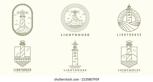 Set Bundle of Lighthouse logo vector illustration design, line art style logo, badge logo