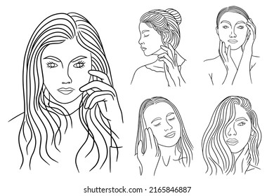 Set Bundle Line Art Drawing Simple Women Modeling Head and Face Pose Hand Drawn