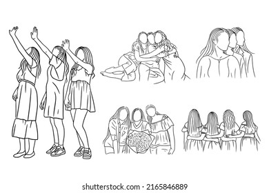 Set Bundle Line Art Drawing Simple Friendship Women Girl Hand Drawn