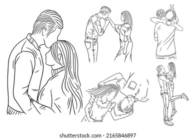 Set Bundle Line Art Drawing Simple Couple Love Boy and Girl Kiss Hand Drawn