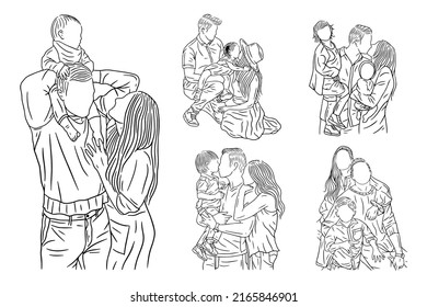 Set Bundle Line Art Drawing Simple Happy Family with Kids and Children Hand Drawn