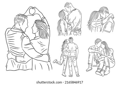 Set Bundle Line Art Drawing Simple Couple Love Boy and Girl Kiss Hand Drawn