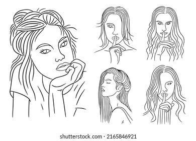 Set Bundle Line Art Drawing Simple Women Modeling Head and Face Pose Hand Drawn