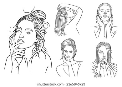 Set Bundle Line Art Drawing Simple Women Modeling Head and Face Pose Hand Drawn