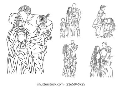 Set Bundle Line Art Drawing Simple Happy Family with Kids and Children Hand Drawn