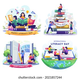 Set Bundle Of Literacy Day With People Celebrate Literacy Day By Reading Books. Flat Vector Illustration