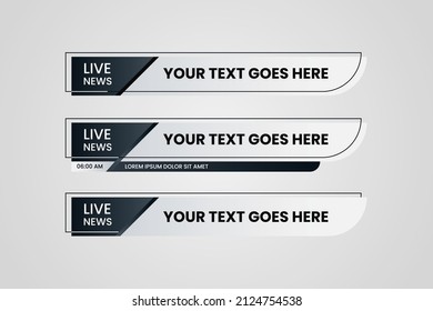 Set Of Bundle Lower Third Vector Design Banner With Black And White Shape Strip Color. Modern Broadcast News Lower For TV Bars, Breaking, Sport, Video Channel.