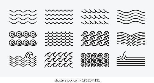 Set Bundle of Minimalist Waves Logo Icon Line Art Vector Design Illustration