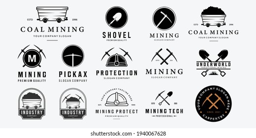 Set Bundle Mining Vintage Line Art Logo, Illustration Mine Cart Pickaxe Helmet Shovel Vector Design