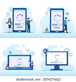 Set bundle Modern flat design of User updating operation system illustration concept. Software upgrade and installation program. Flat Style vector template suitable for Web Landing Page, Background.