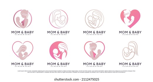 Set bundle of mom and baby logo design template with creative element Premium Vector