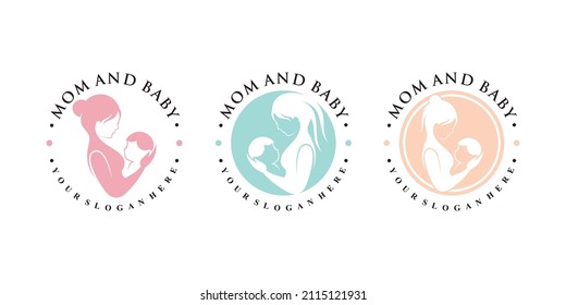 Establecer un conjunto de plantillas de diseño de logotipo de mamá y bebé con elemento creativo Vector Premium
