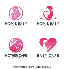 Set bundle of mom and baby logo design inspiration with creative concept Premium Vector