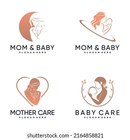 Set bundle of mom and baby logo design inspiration with creative concept Premium Vector