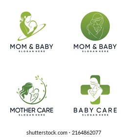 Set bundle of mom and baby logo design inspiration with creative concept Premium Vector