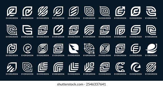 set bundle of monogram letter E leaf green nature logo design, collection icon graphic