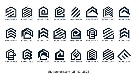 conjunto de pacote de monograma letra E casa edifício projeto logotipo, coleção ícone gráfico