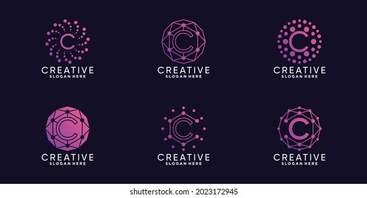 Set bundle monogram logo design technology initiay letter c with unique line art and dot style Premium Vector
