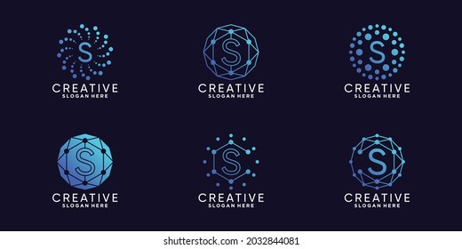 Set bundle monogram logo design technology initial letter s with unique line art and dot style Premium Vector