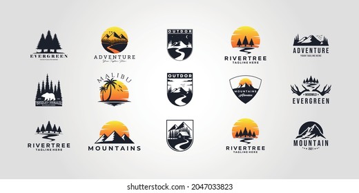 set bundle mountain bundle mountain adventure outdoor landscape logo vector set illustration design collection , camping, wild, life, style, hobby, sport