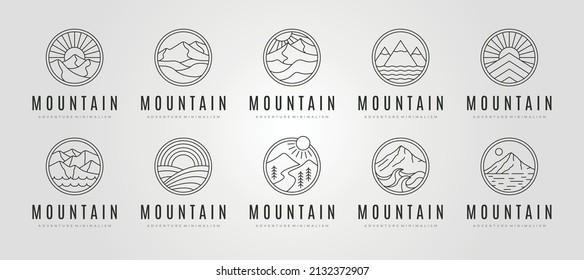 conjunto de iconos de montaña logotipo de símbolo vectorial diseño de imagen, diseño de línea de paisaje de montaña