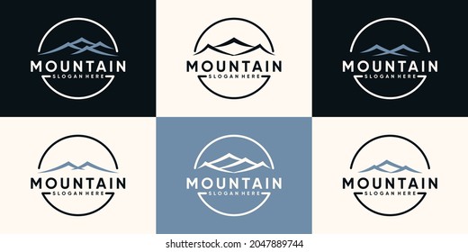 Set bundle of mountain logo design with line art style and circle concept Premium Vector