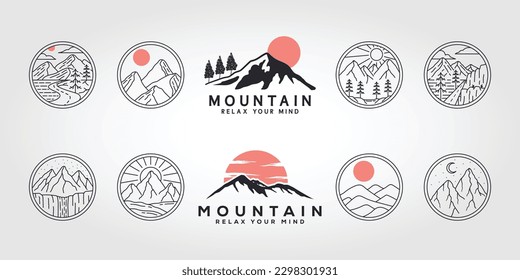 set, bundle of mountains logo line art vector illustration design, nature line art logo design.