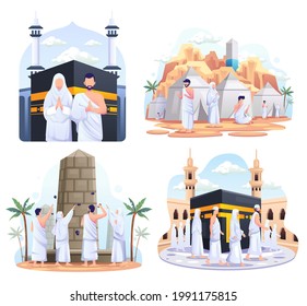 Set bundle of Muslim couple is doing Islamic hajj pilgrimage. Flat vector illustration	