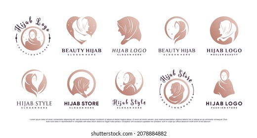 Set bundle of muslim woman logo design wearing hijab Premium Vector