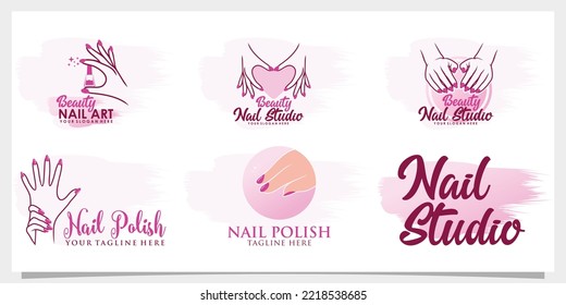 Set bundle nail polish logo design with creative concept Premium Vector