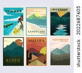 set bundle national park tourism vintage poster classic vector illustration design travel adventure outdoor mountain river rafting surf beach ocean resort