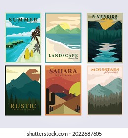 set bundle national park tourism vintage poster classic vector illustration design travel adventure outdoor mountain river rafting surf beach ocean resort